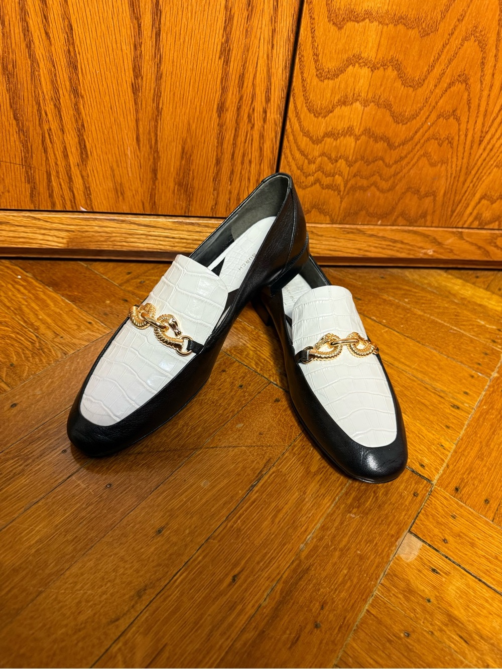 Tory Burch Black and White Croc-Embossed Chain-Trim Loafers